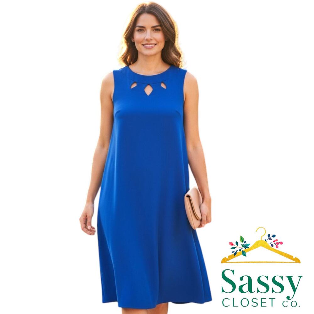 Dennis Basso Royal Blue Dress 22W EUC Cutout Neckline Sleeveless A Line